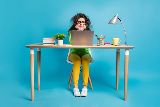 Portrait of her she nice attractive dull girl doing home work task sitting in front of laptop isolated over bright blue color background
