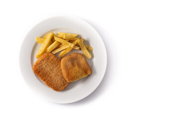 San Jacobo steak filled with cheese and ham isolated on white background.Top view.Copy space