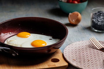 Fried egg. view of two fried eggs on a frying pan.