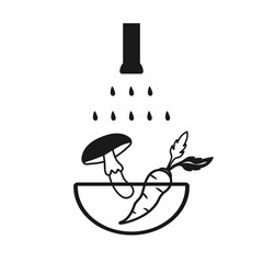 Washing food icon. Line art design. Vector illustration isolated on white background. Anti virus protection, home disinfection concept