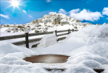 Desk of free space and winter landscape of mountains 
