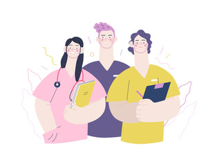 Obraz premium Medical insurance -internship jobs -modern flat vector concept digital illustration - young medical specialists standing together, team of interns concept, medical office or laboratory