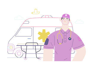 Medical insurance template -ambulance transport and emergency evacuation -modern flat vector concept digital illustration of a male paramedic and ambulance van. Medical service and insurance