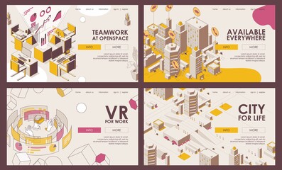 Outline banners or landing page templates isometric outline style. Yellow and pink city and interior elements about technology, vr glasses and modern lifestyle