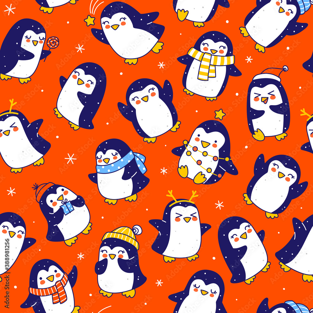 Wall mural Seamless pattern with cute little penguins on red - cartoon characters background for funny Christmas and New Year holidays textile and wrapping paper design