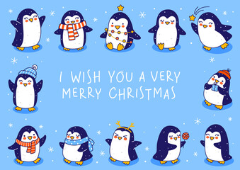 Cute little penguins on blue background - cartoon characters horizontal frame for funny Christmas and New Year holidays greeting card and poster design