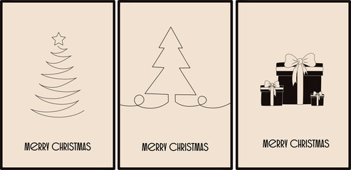 Merry Christmas card set in minimal style. Vector illustration.