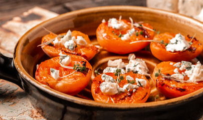 Summer snack sandwiches with grilled peaches, dor blue cheese, wooden background, banner, catering menu recipe