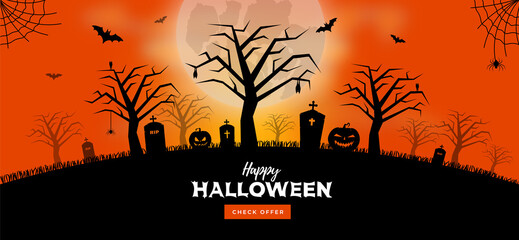Halloween background - Cemetery background with pumpkins, bats and tombstones