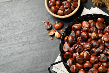 Delicious roasted edible chestnuts on black slate table, flat lay. Space for text