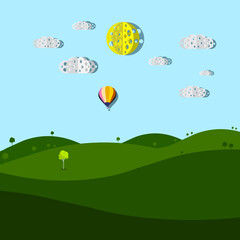Vector Empty Meadow Cartoon with Paper Cut Clouds and Sun