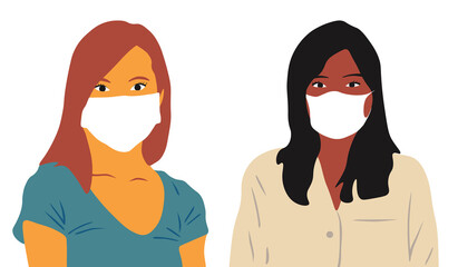 Female characters wearing medical masks on transparent background. Coronavirus epidemic. Vector illustration. 