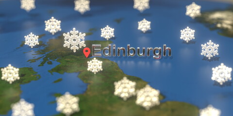 Snowy weather icons near Edinburgh city on the map, weather forecast related 3D rendering