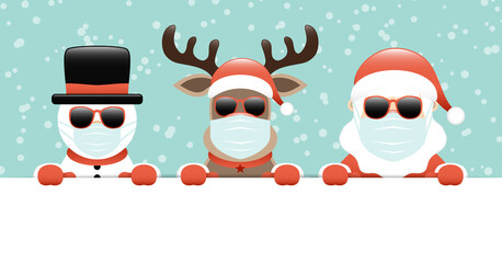 Schneemann Rentier Und Weihnachtsmann Maske Sonnenbrille Banner Schnee Türkis