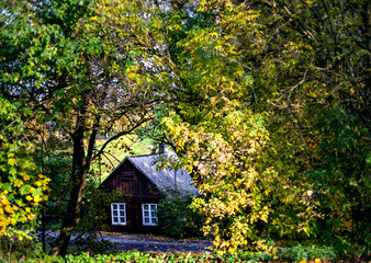 Fototapeta na wymiar Defocused blurred autumn background with old house