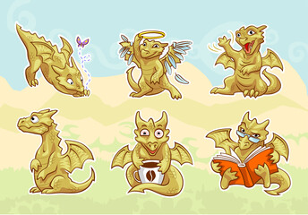 cute golden dragon stickers set, emotions and activities