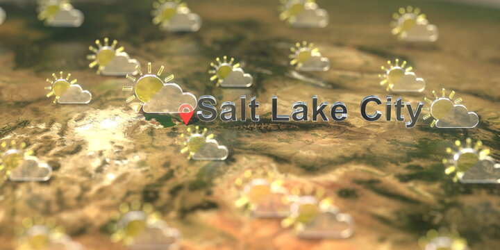 Partly Cloudy Weather Icons Near Salt Lake City On The Map, Weather Forecast Related 3D Rendering