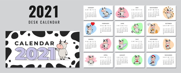 Desktop calendar design template for 2021, the year of the Ox, cow, or bull according to the Chinese calendar. Set of 12 pages and cover with a cute bull. Vector stock flat illustration.