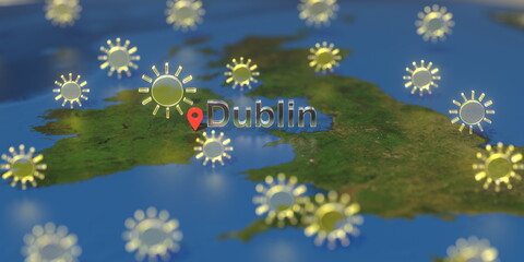 Dublin city and sunny weather icon on the map, weather forecast related 3D rendering
