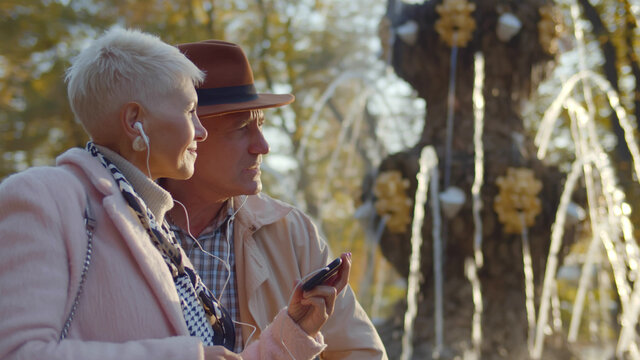 Elegant aged couple listening to music sharing earphones standing near fountain in park