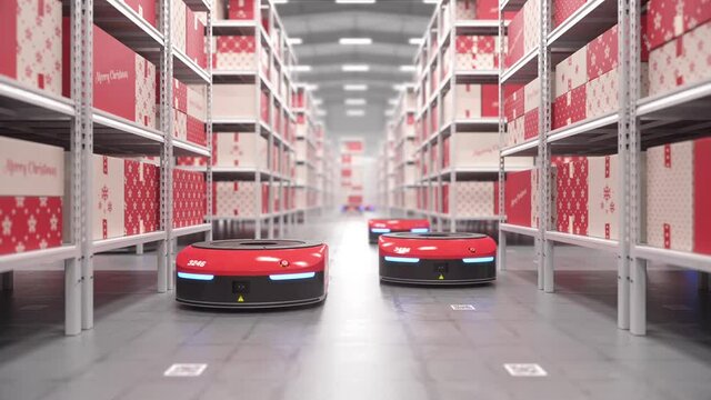 Autonomous santa robots moving shelves with christmas presents in automated warehouse. Seamless looping POV shot. Warehouse of the future concept. Realistic high quality 3d rendering animation.