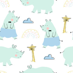 Cute Rhino seamless pattern. Vector illustration with an animal, in a modern cartoon style, for printing on packaging paper, postcard, poster, banner, clothing. Cute children's background.