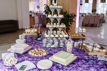 Table with muffins, cakes, sweets, candy, buffet. Dessert table for a party goodies for the wedding banquet area. Close up. candy bar. Decorated delicious.