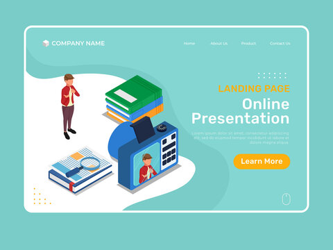 Isometric landing page illustration with student do online presentation in front of camera digital. Vector
