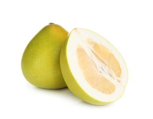Fresh cut and whole pomelo fruits isolated on white