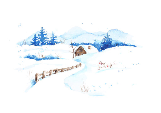 Winter landscape with a rural landscape. Watercolor illustration. Christmas card.
