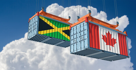 Freight containers with Canada and Jamaica national flags. 3D Rendering