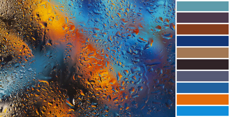 Bright abstract background with raindrops on window and color palette swatches