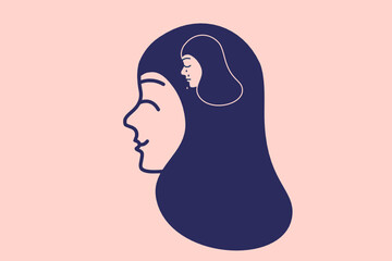 Sad woman inside of a happy person. A person denying his emotional problems. Concept illustration. Vector.