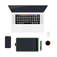 Top view designer workspace with laptop, smartphone, graphic tablet and stylus, coffee mug, computer mouse, isolated on white background. Vector illustration