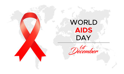 Illustration for World Aids Day with red ribbon, handwriting text and map isolated on white background