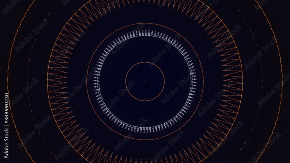 Poster circular waves motion graphics on black background, seamless loop. animation. abstract sound technol