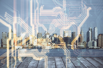 Double exposure of technology theme hologram and cityscape background. Concept of Hightech.