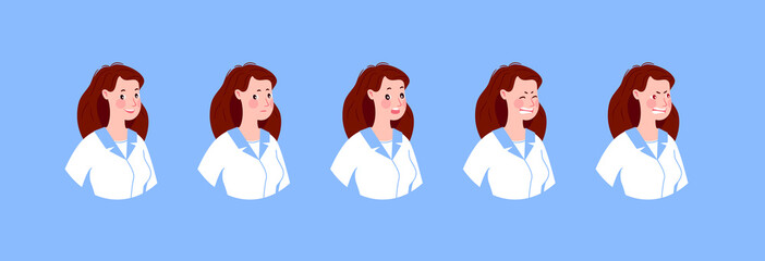 Doctor character creation set with various emotions. Isolated. Female doctor.