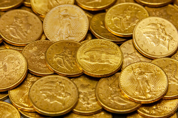 American gold coin treasure hoard of the rare USA double eagle 20 dollar bullion currency coinage...