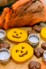 Table decoration for hallowen, pumpkin-shaped cookies