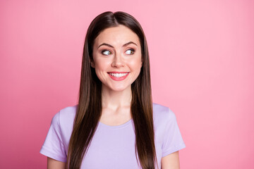 Closeup photo of attractive funny lady good mood smiling demonstrate white teeth excited crazy face...