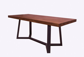 wooden lacquered table with black metal legs on white background standing at an angle of 45 degrees