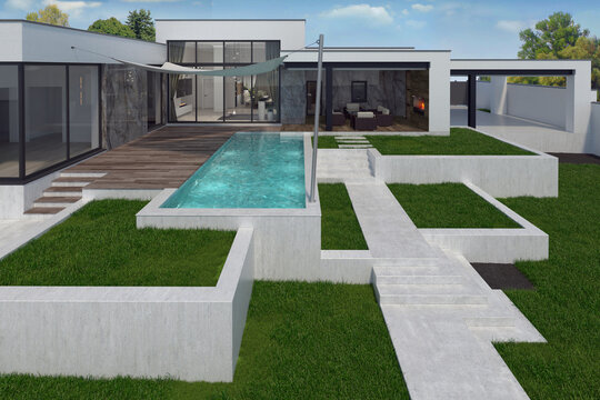 Modern style house backyard, 3D rendering