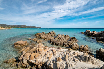 Fototapeta na wymiar rocks and emerald water in a tropic Notteri beach