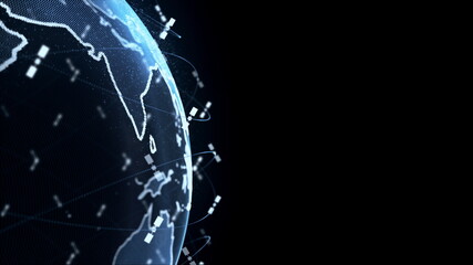 Digital earth data globe - abstract 3D rendering satellites starlink video network connection the world. satellites create oneweb or skybridge surrounding planet conveying complexity big data flood