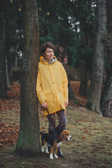 Naklejka na ściany i meble Girl in a bright yellow raincoat with beagle puppy, walking green lawn in an autumn forest.