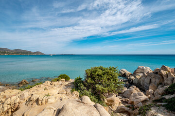 Fototapeta na wymiar junipers, granite rocks and crystal clear water in Sardinia
