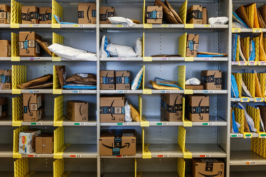 Amazon Prime boxes. Amazon.com is the Largest Internet-Based Retailer in the US and celebrates Prime Day.