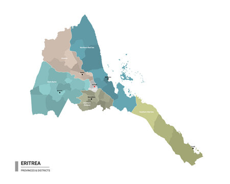 Eritrea higt detailed map with subdivisions. Administrative map of Eritrea with districts and cities name, colored by states and administrative districts. Vector illustration with editable and labelle