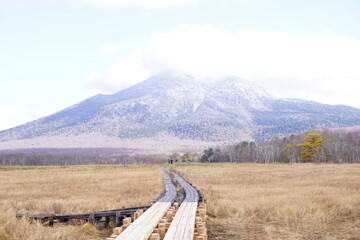 尾瀬ヶ原の木道と山